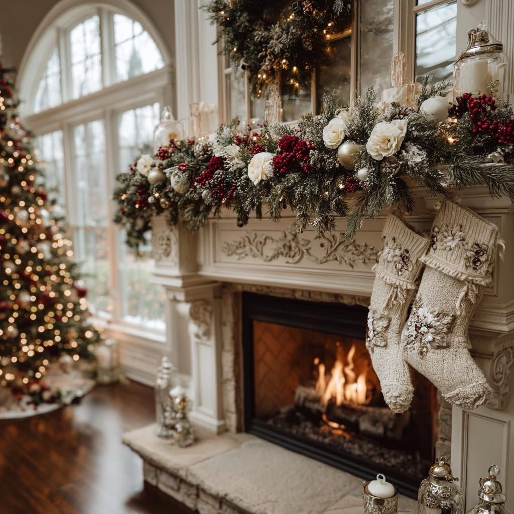 White Christmas fireplace with garland, stockings, wreath, and a blurred lit tree nearby