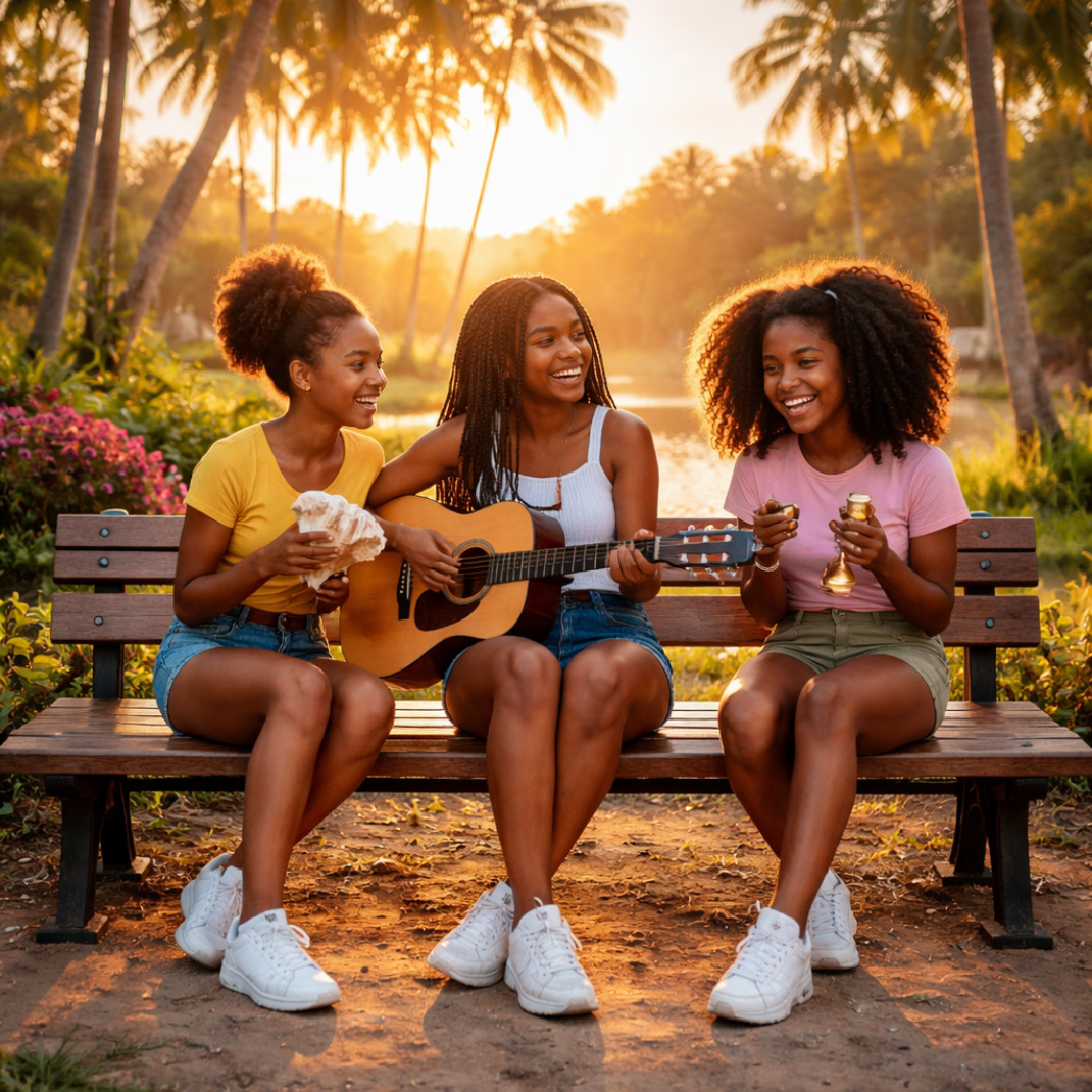Three smiling women on a bench at sunset with ice cream and a guitar under palm trees