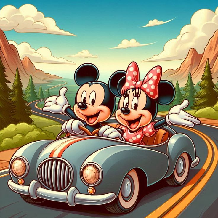 Mickey Mouse and Minnie Mouse riding in a vintage convertible on a mountain road