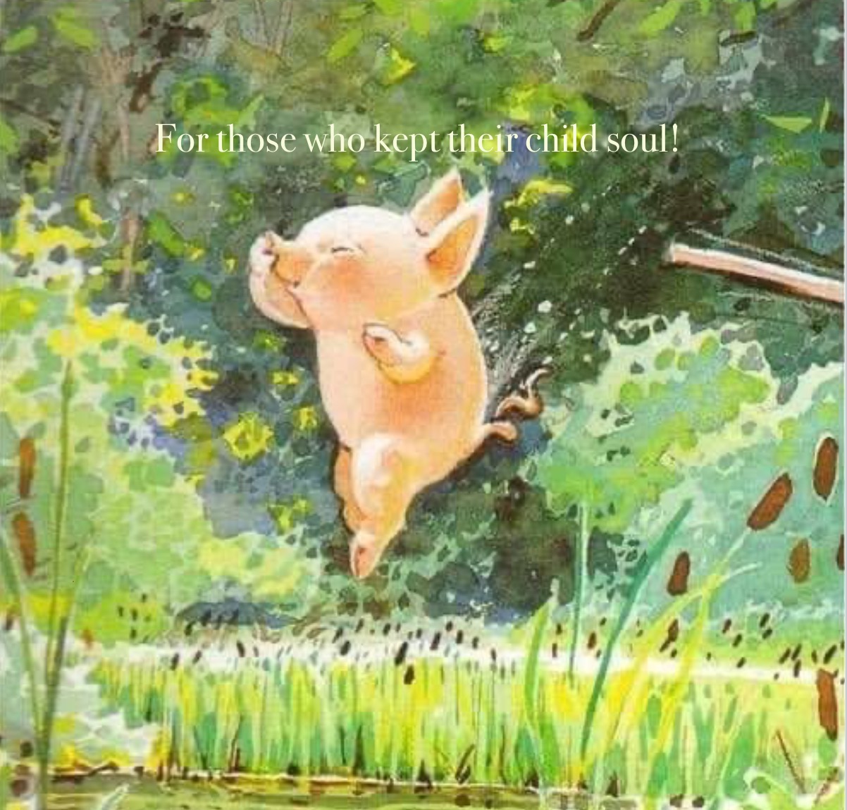 Watercolor painting of cheerful pig leaping in garden with green plants and yellow flowers