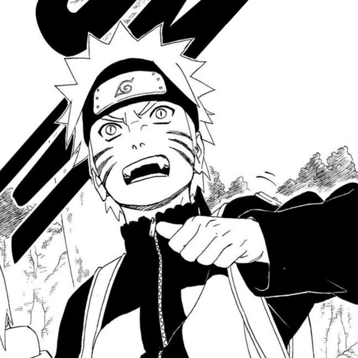 Black-and-white anime image of Naruto Uzumaki shouting with his fist raised