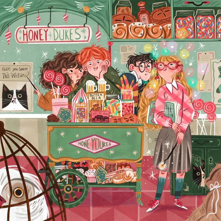 Illustrated scene of students in Honeydukes candy shop with colorful sweets and pastel decorations