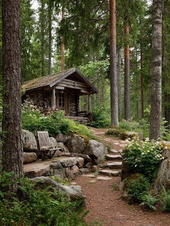 Rustic log cabin in a forest clearing surrounded by pine trees, stone steps, and garden plants