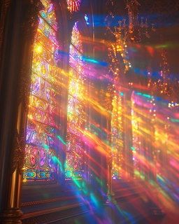 Rainbow light beams streaming through decorative stained glass windows creating colorful patterns on interior wall