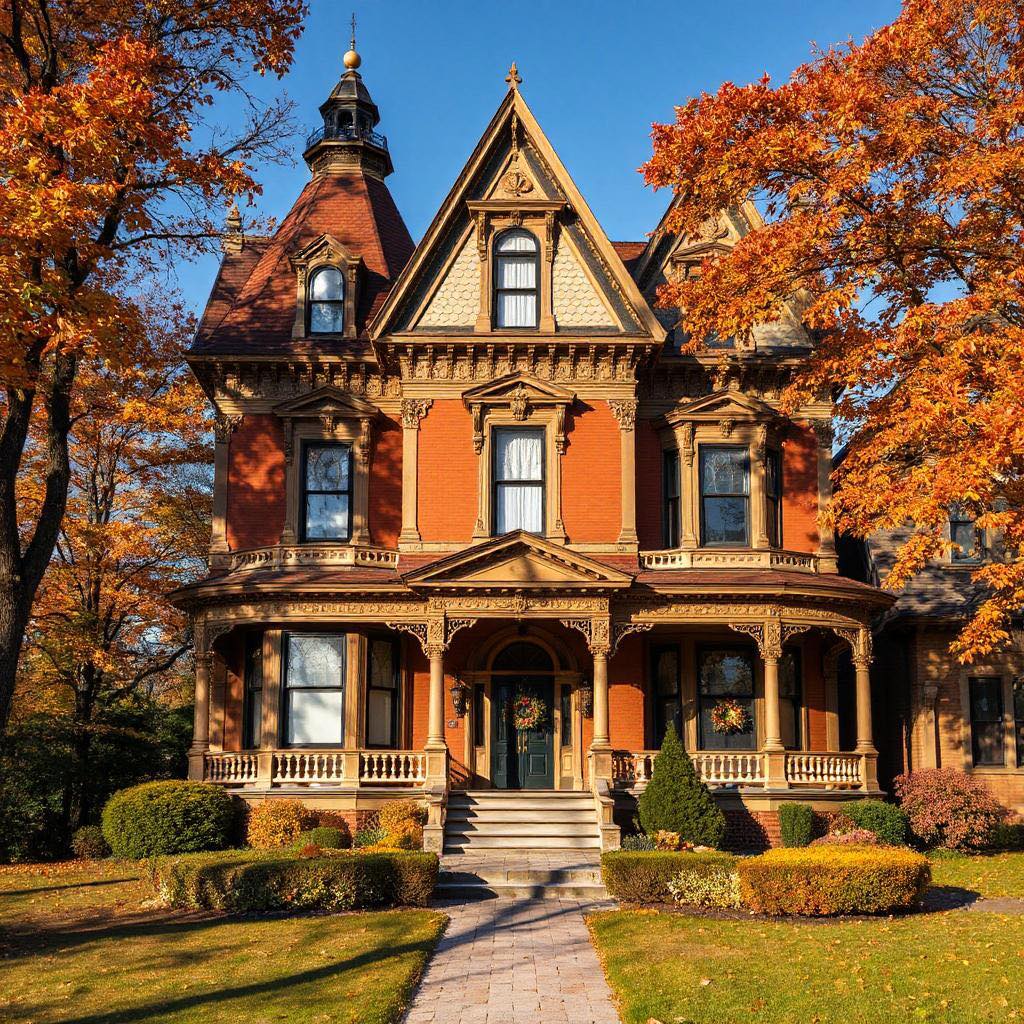 Ornate Victorian mansion with tower and wraparound porch framed by fall trees