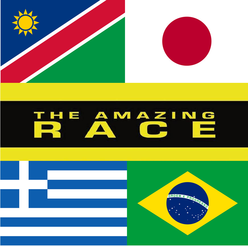 Collage of Namibia, Japan, Greece, and Brazil flags with a The Amazing Race banner in the center