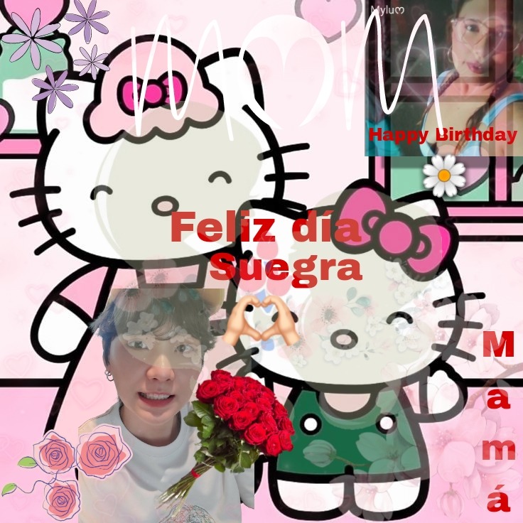 Pink birthday collage with Hello Kitty characters, woman holding roses, and Spanish greeting text