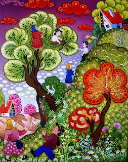 Colorful folk art with stylized trees, flowers, cat, and cottage in whimsical pattern