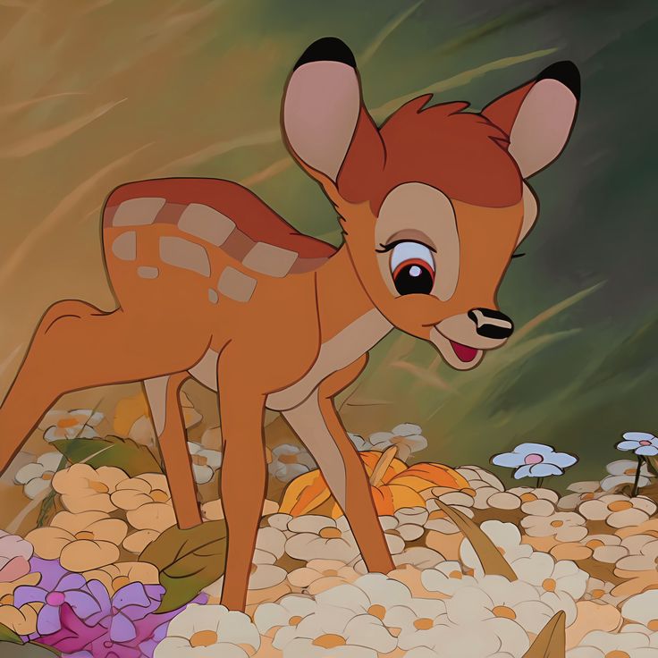 Animated young deer with spotted coat and large eyes standing on fallen leaves