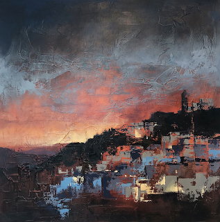 Impressionistic painting of hillside village with warm sunset sky and glowing windows at twilight