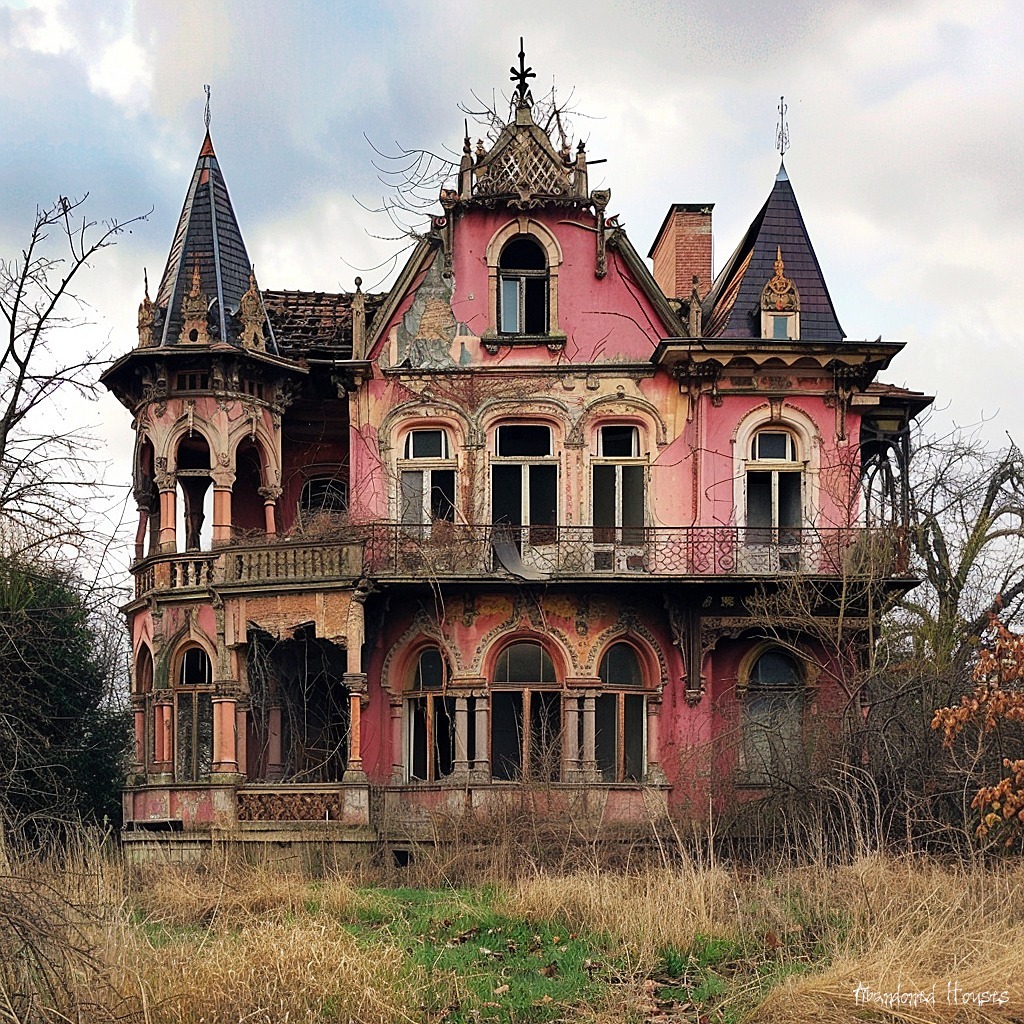 Abandoned pink Victorian mansion with Gothic turets and overgrown yard under cloudy sky
