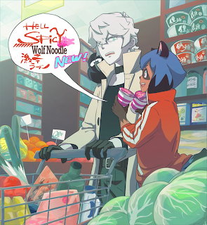 Two anime characters in a convenience store, one with white hair and one with brown hair, standing by a shopping cart