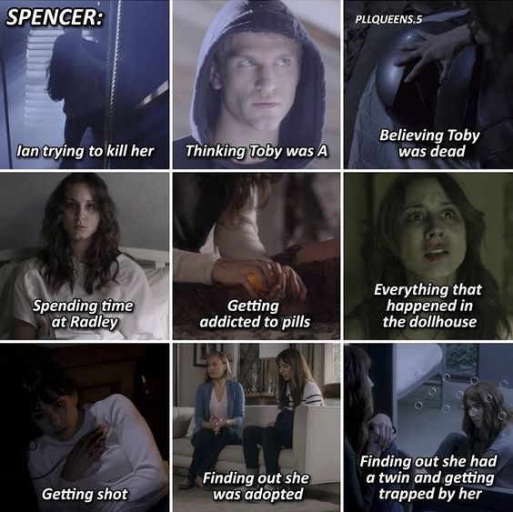 3x3 collage of dark TV scenes with caption text about Spencer from Pretty Little Liars