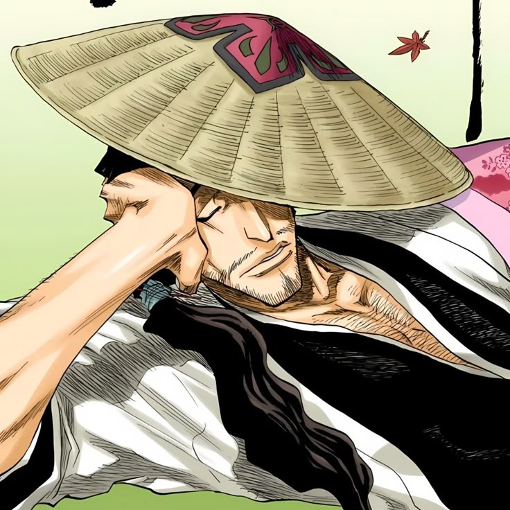 Anime man in layered robes resting under a wide straw hat against a pastel background