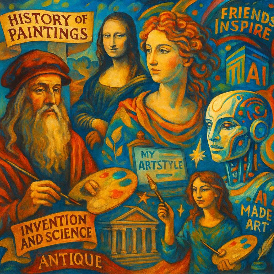 Colorful art-themed illustration with Mona Lisa, classical figures, paint palettes, and an AI robot head
