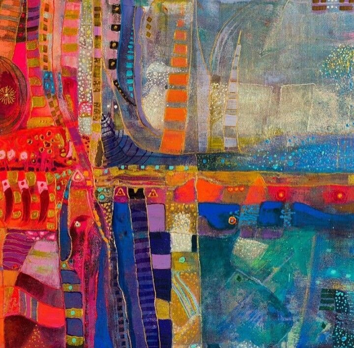 Abstract collage with geometric patterns, stripes, and vibrant layered colors including red, blue, orange, and turquoise