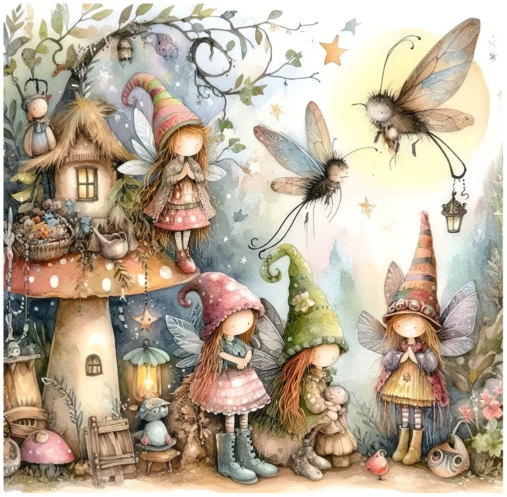 Watercolor illustration of fairies with wings near oversized butterflies and mushroom cottage homes in a magical forest