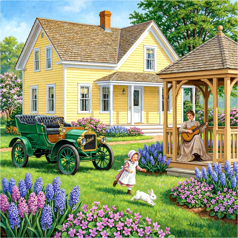 Yellow cottage with vintage car, gazebo, mother and child with white rabbit among purple and pink flowers