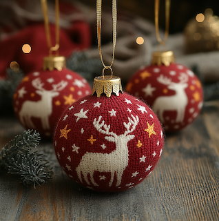 Red knitted Christmas ball ornaments with white reindeer and snowflake designs hanging by gold ribbons