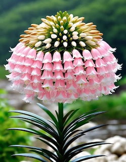 Pink layered bell-shaped flower with drooping petals on a green stem against misty mountain background