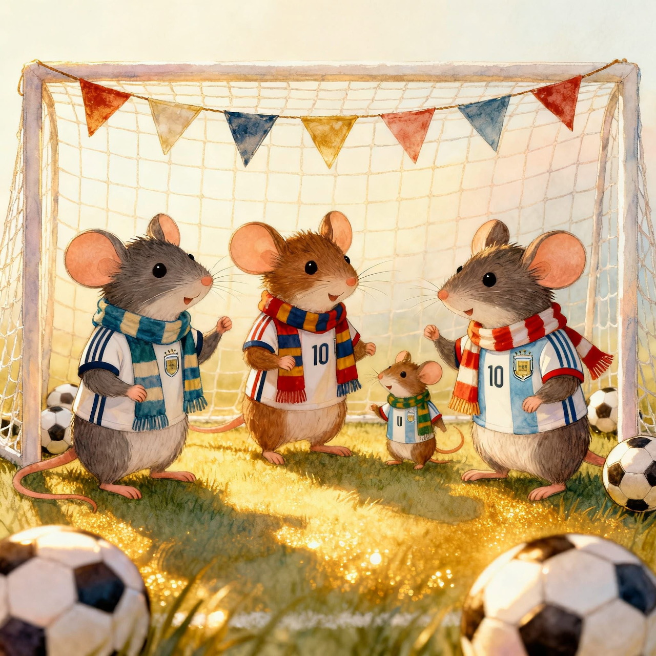 Illustration of three mice and a baby mouse in a soccer goal with jerseys, scarves, and soccer balls