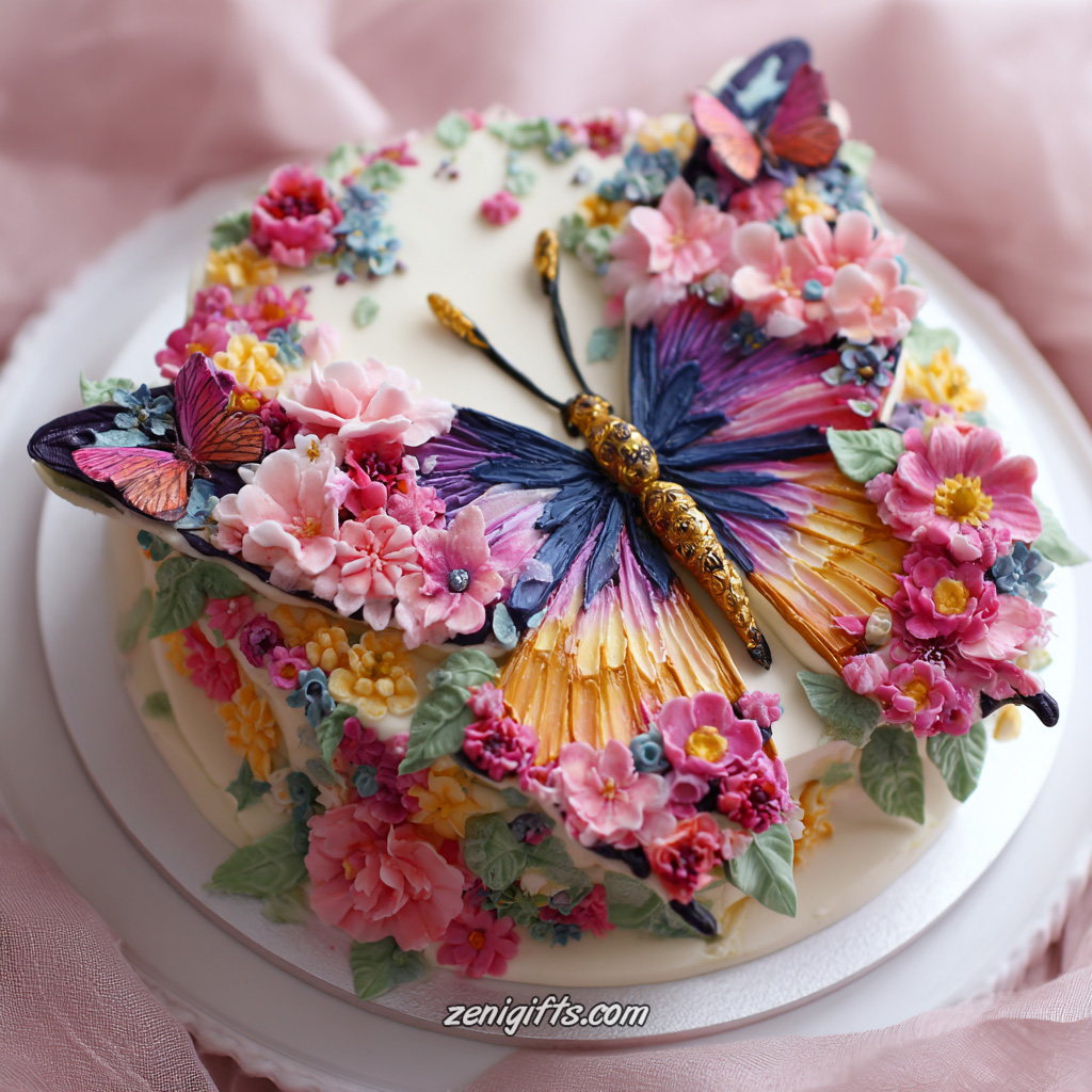Round white cake decorated with vibrant butterfly and flower decorations in pink, purple, yellow and blue