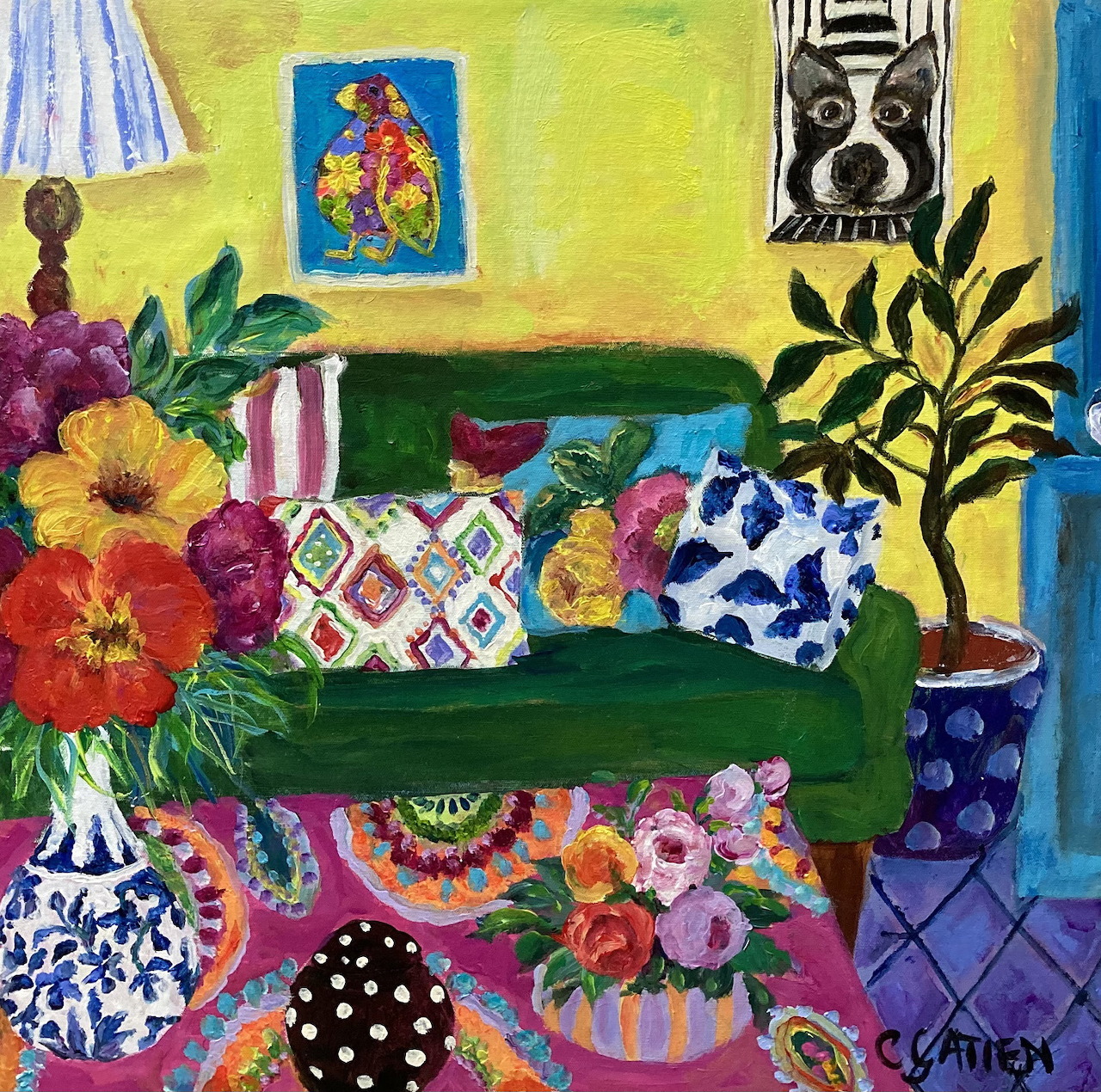 Colorful folk art painting of living room with green couch, patterned textiles, flowers, and yellow walls