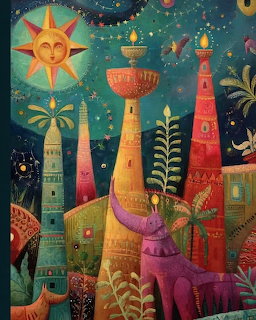 Colorful folk art illustration of whimsical village with tall decorated towers, purple cat, and celestial elements