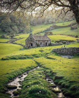 Stone cottage in lush green valley with stream and tree branches overhead