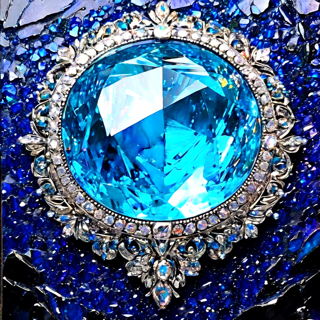 Ornate silver brooch with large blue faceted gemstone surrounded by clear crystals on textured blue background