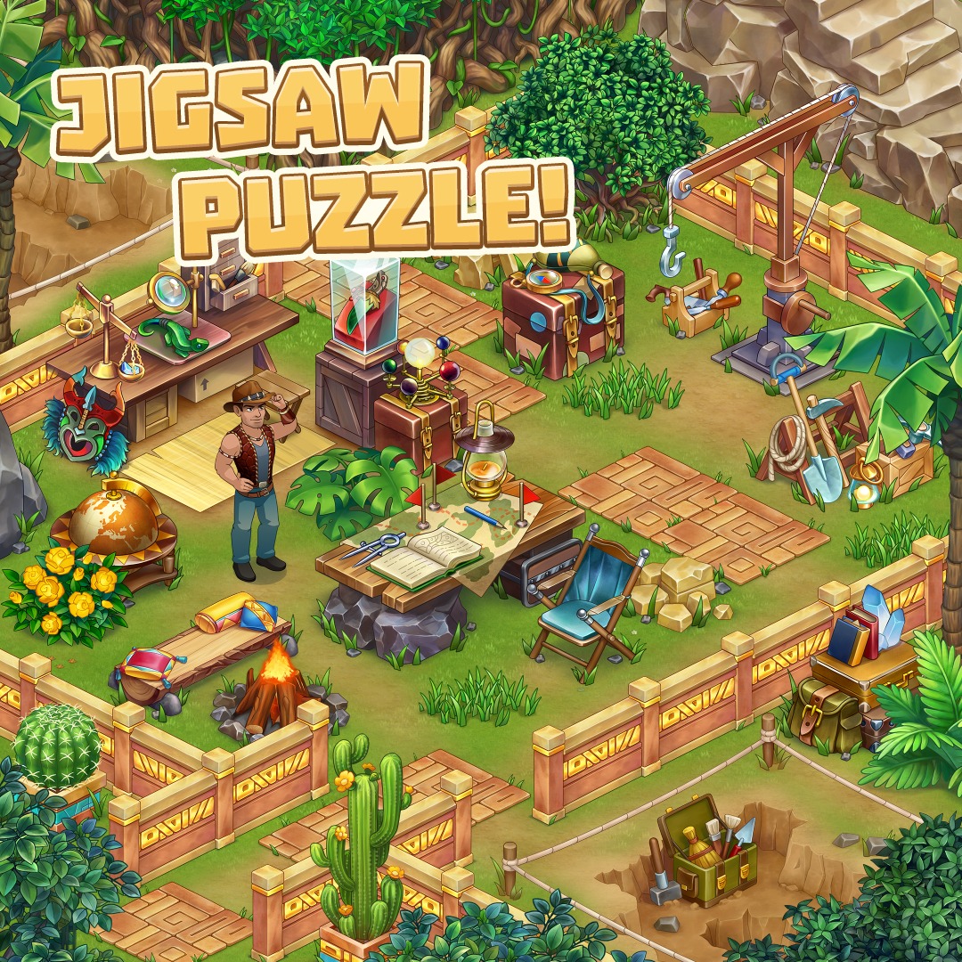 Colorful illustrated tropical camp with wooden paths, tents, tools, and lush plants