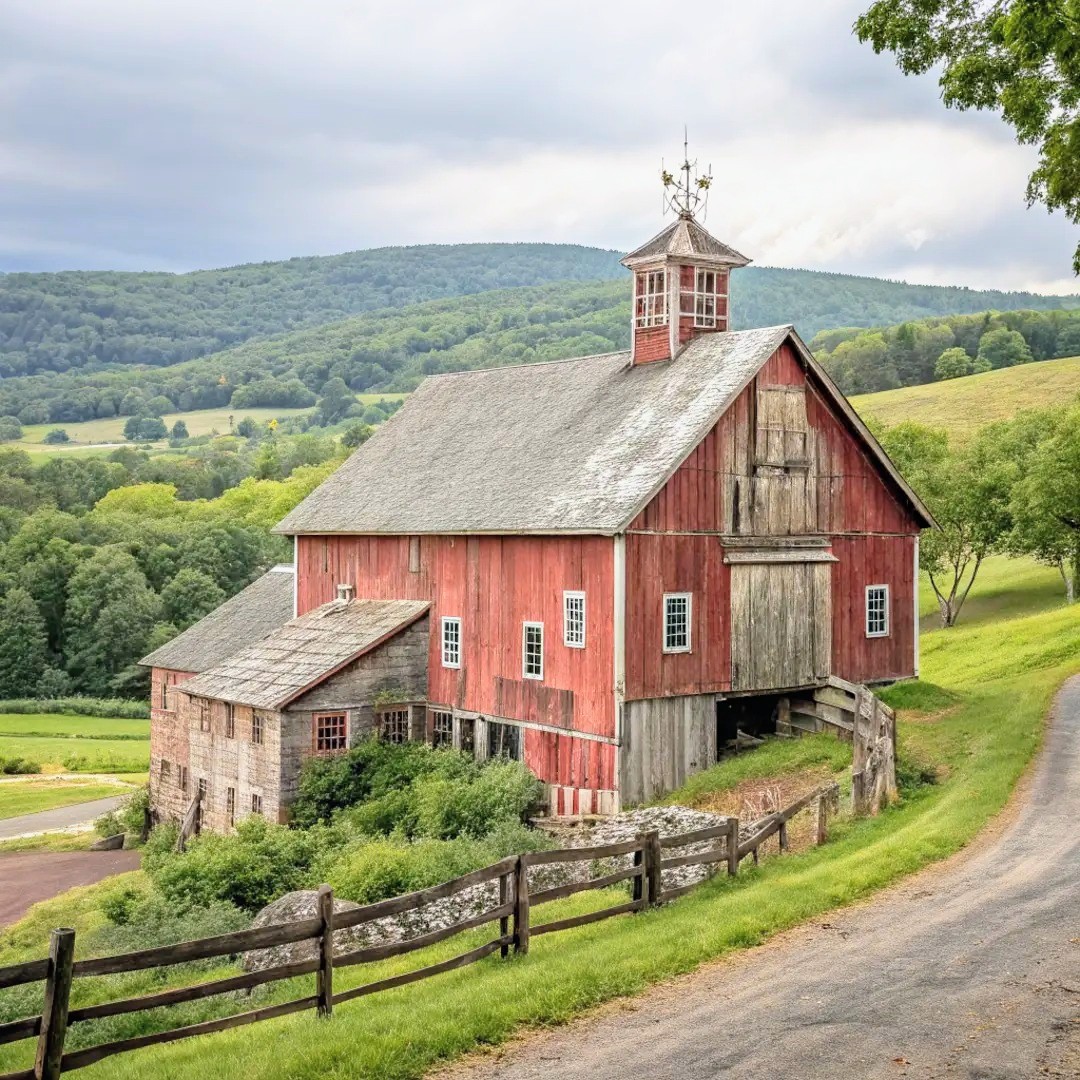 Historic red barn on a green hillside with fence and mountain backdrop