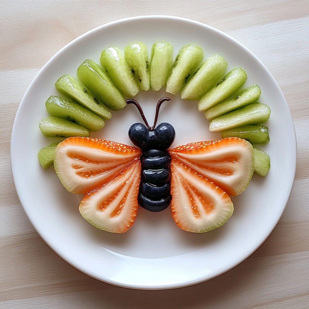Fruit arranged as a butterfly on a white plate with kiwi, strawberry, and blueberry pieces
