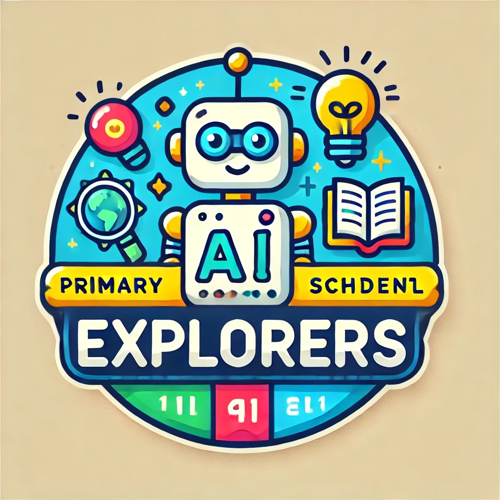 Colorful cartoon AI Explorers badge with robot, globe, light bulb, and book