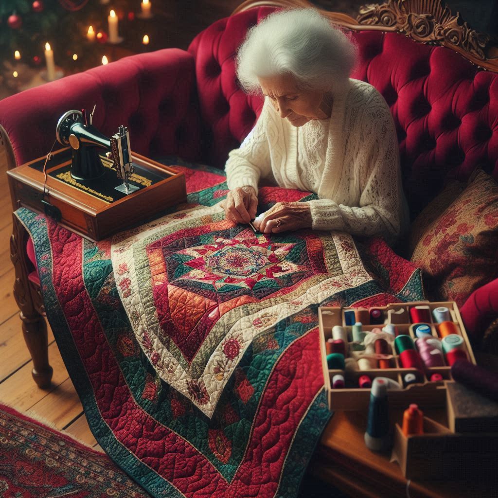 Santa Claus sitting on red velvet chaise sewing a colorful patchwork quilt with vintage sewing machine nearby