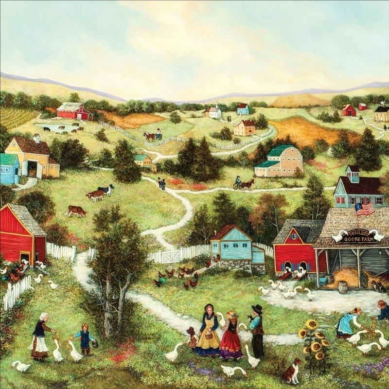 Folk art painting of rural village with farms, cattle, trees, and people on rolling hills under soft sky