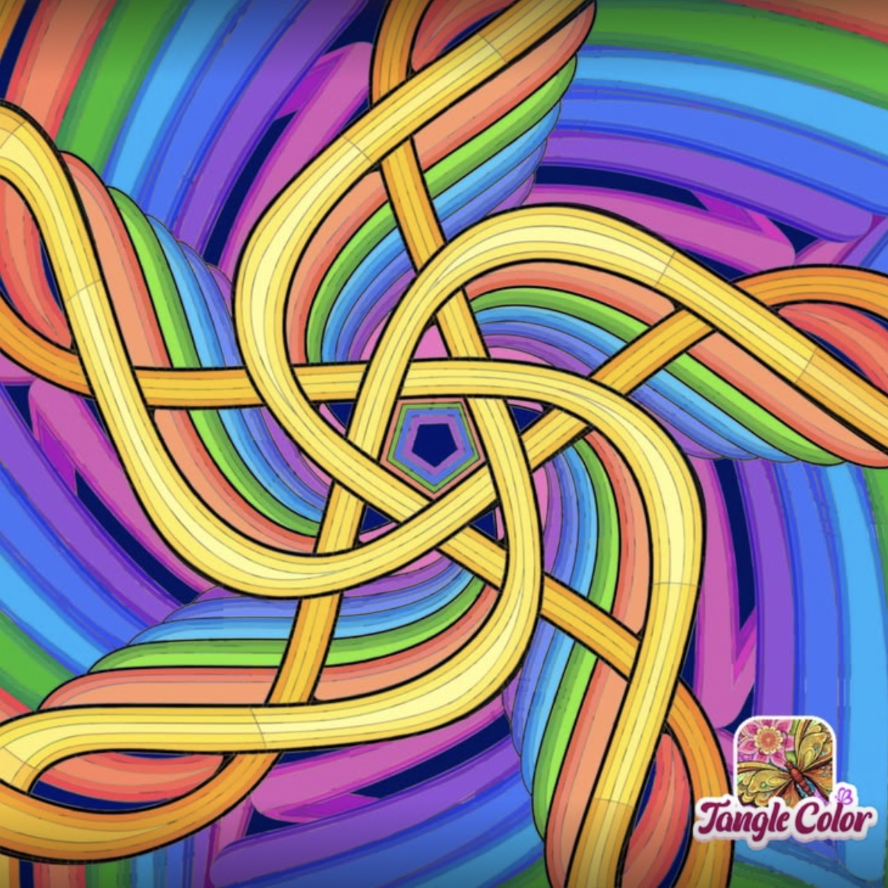 Colorful abstract swirl of intertwined rainbow ribbons in a spiral pattern