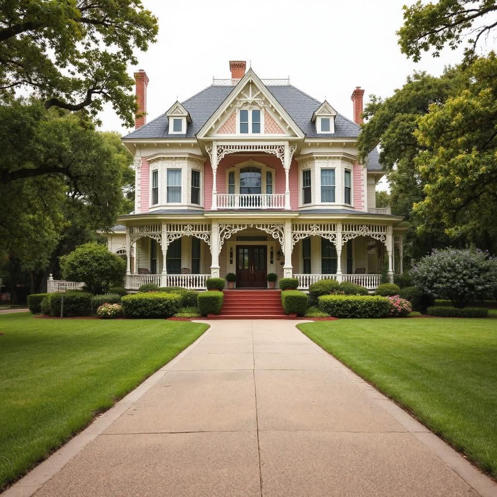 Large Victorian mansion with ornate trim, wraparound porch, and manicured lawn framed by mature trees