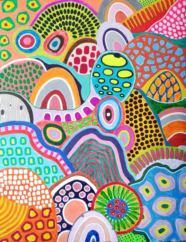 Colorful abstract illustration with organic shapes, dots, stripes, and bright patterned forms