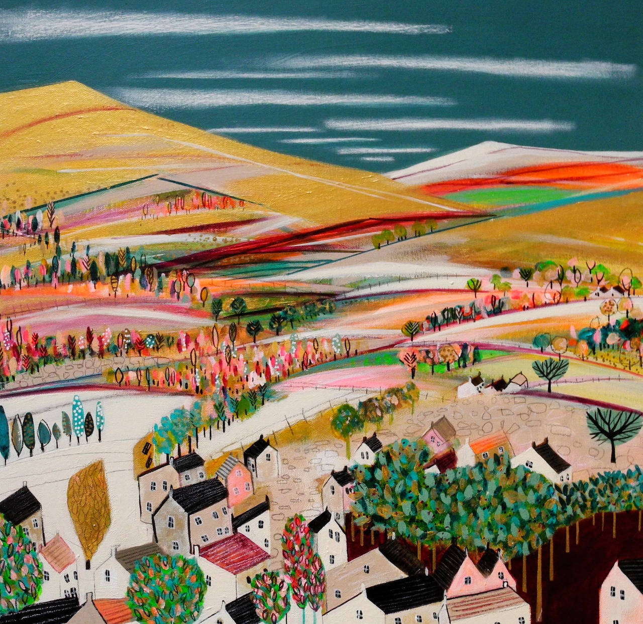 Colorful folk art painting of a village in a valley with autumn hills and teal sky