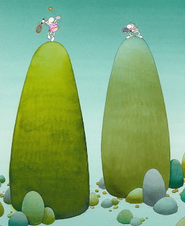 Surreal illustration of two tall green green hills with tiny winged figures on top