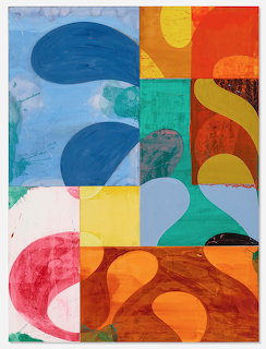 Abstract painting with colorful organic curved shapes over geometric color blocks in blue, orange, green, and pink