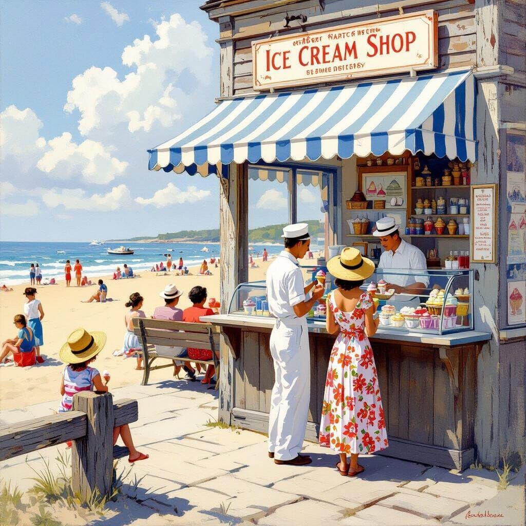 Beachside ice cream shop with striped awning serving customers near ocean