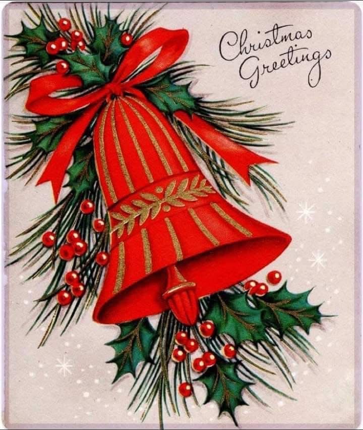 Vintage Christmas card with red and gold bells, holly, berries, pine branches, and 'Christmas Greetings' text