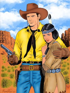 Comic art of cowboy Tex Willer and woman in Native American clothing in desert setting with red rocks and blue sky