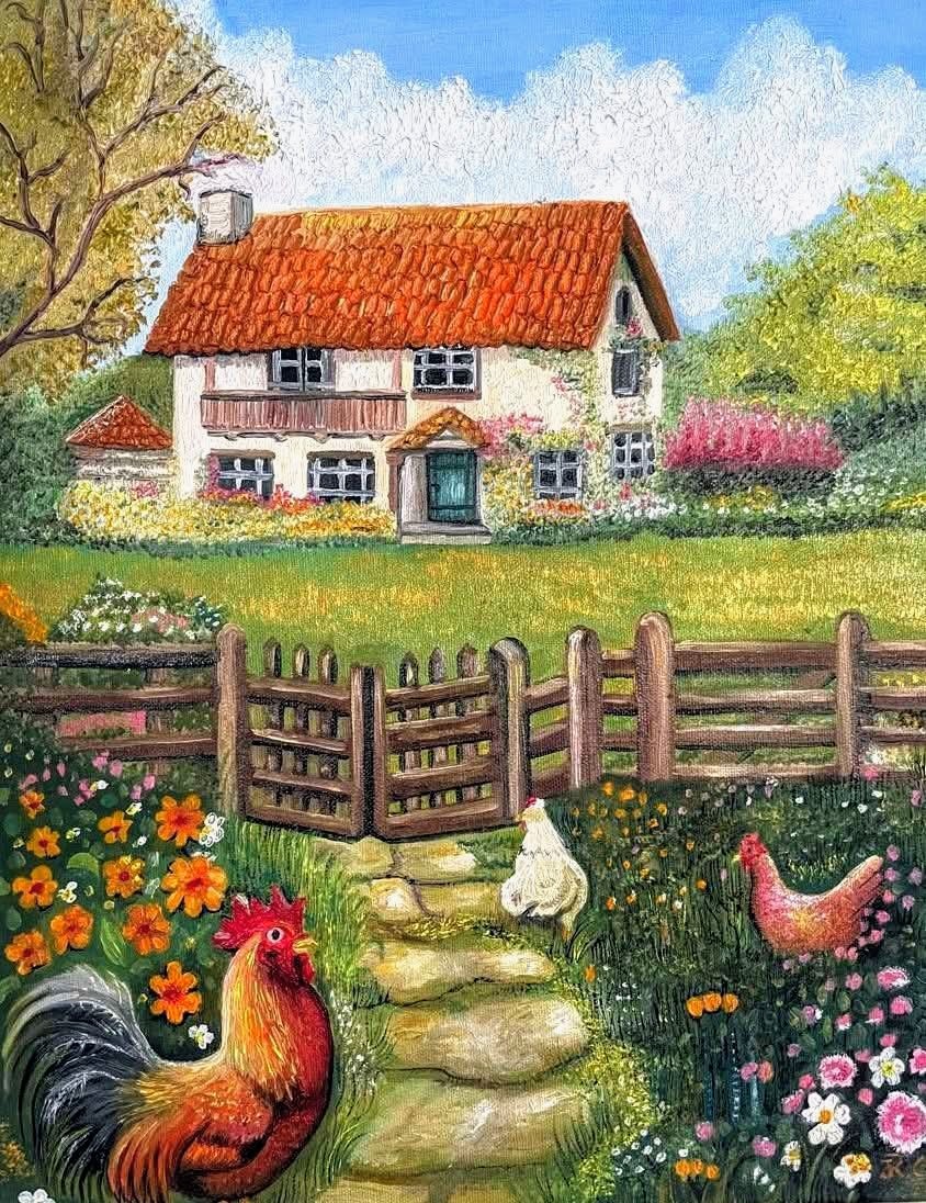 Painting of a cottage with a fenced garden, flowers, and chickens in a sunny rural yard