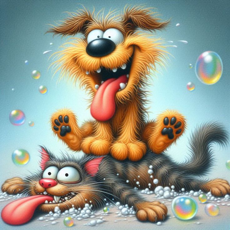 Cartoon illustration of a goofy orange dog sitting on a grumpy brown cat with soap bubbles around them