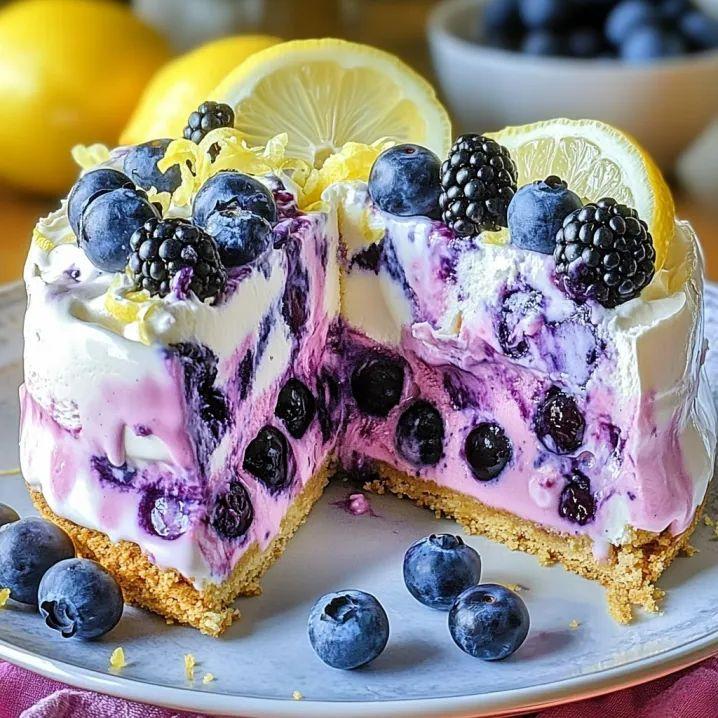 Blueberry lemon ice cream cake topped with blueberries, blackberries, and lemon slices on a plate