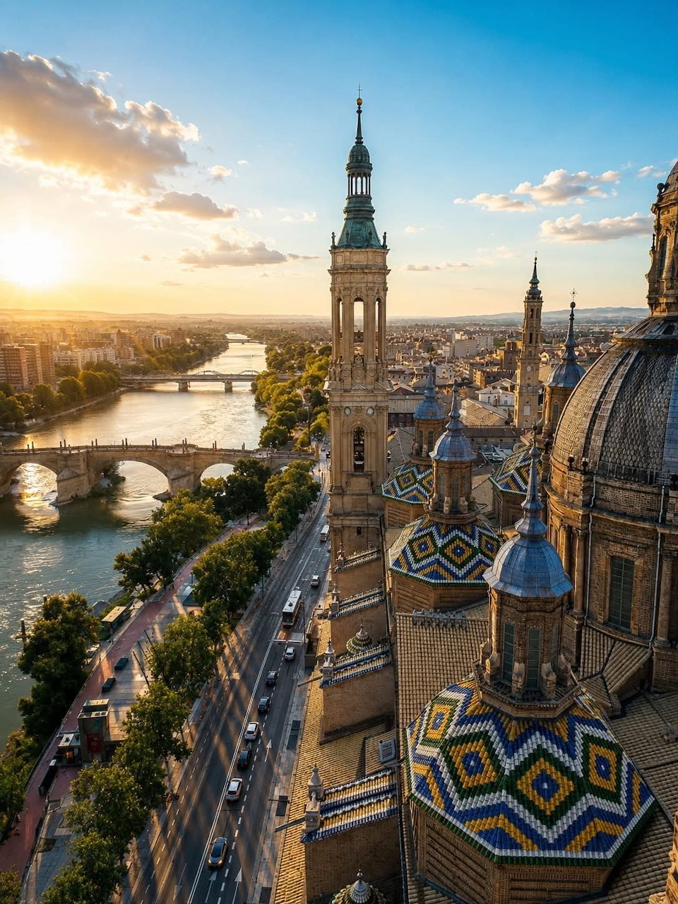Aerial sunset view of Basilica del Pilar's colorful tiled domes and towers beside river in Zaragoza