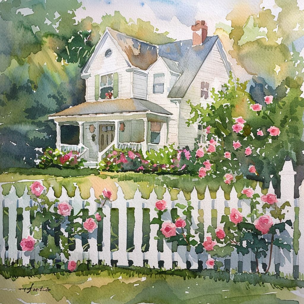 Farmhouse with Fence and Roses